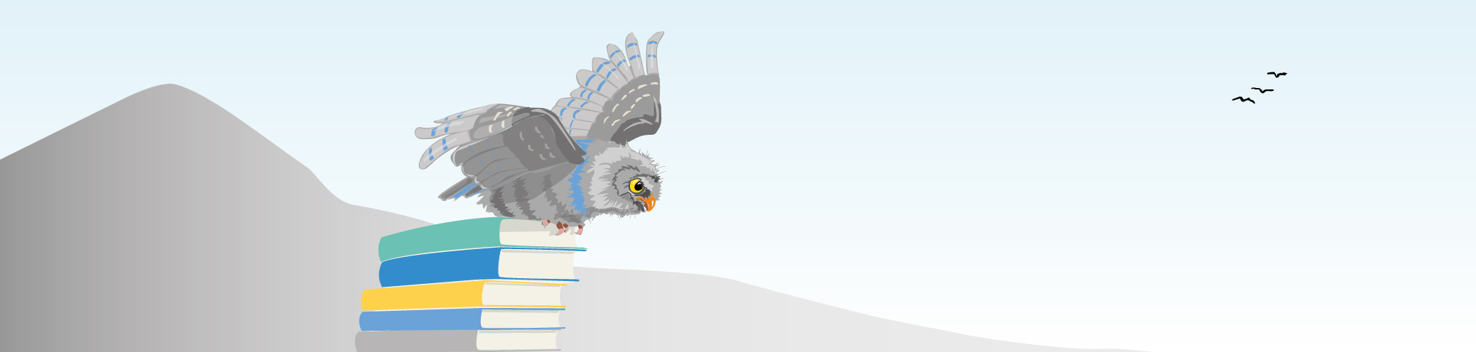 Semi-grown owl on stack of books is about to fly out